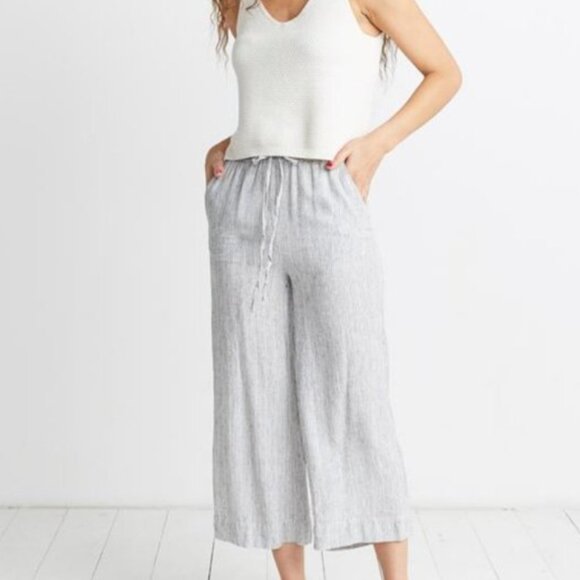 Marine Layer Linen Blend Pull On Striped Pants Tie Waist Drawstring White Grey - Picture 6 of 6
